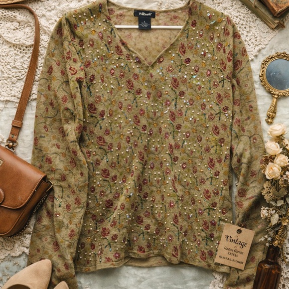 Willi Smith Sweaters - Willi Smith Beaded Floral Sweater Pearl Embellished Cottagecore Vintage Size L